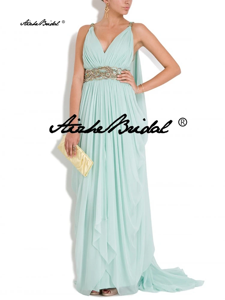 Vestido de noche de gasa azul claro estilo griego, vestido largo elegante para fiesta, playa, graduación, cuello en V, línea A| | AliExpress