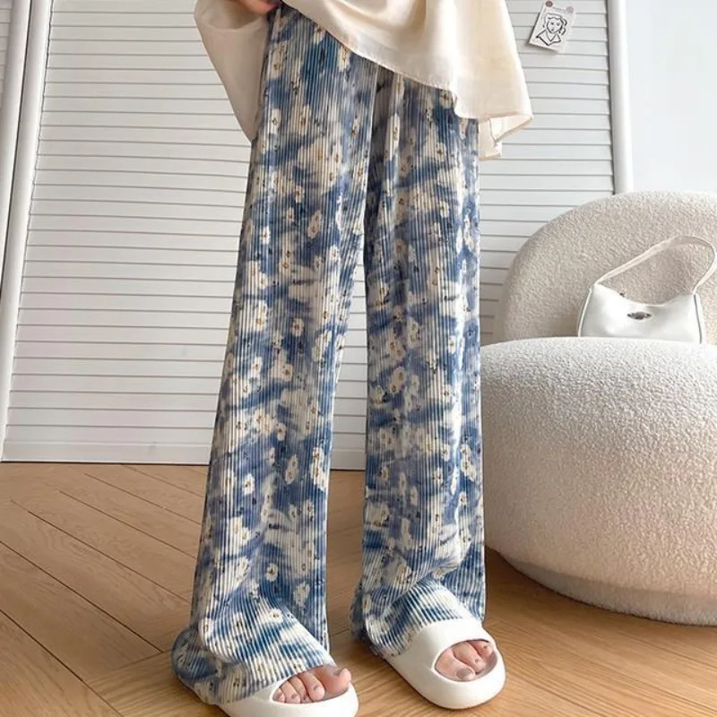 Women's 2024 Summer New Sweet Loose Printing Tie Dye Wide Leg Pants Elasticized High-waist Ruched Straight Casual Trousers