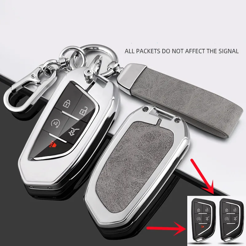 

Alloy Car Key Cover Full Case Leather Rope For Cadillac 5-6 Buttons CT4 CT5 XTS CT6 C8 CT4-V Keychain Key Rings Car Accessories