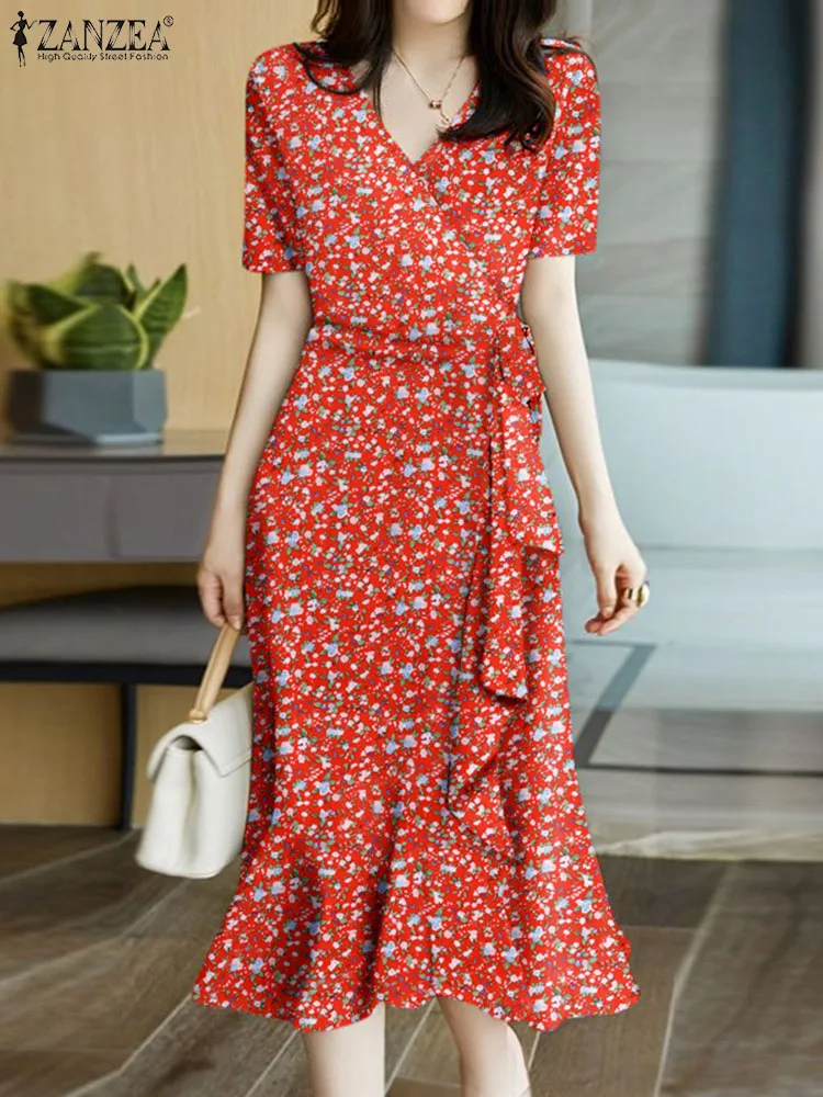 

ZANZEA Elegant Floral Print Wrap Dresses Women Bohemian Short Sleeve V-neck Slim Ruffled Hem Vestidos Fashion Draped Midi Dress