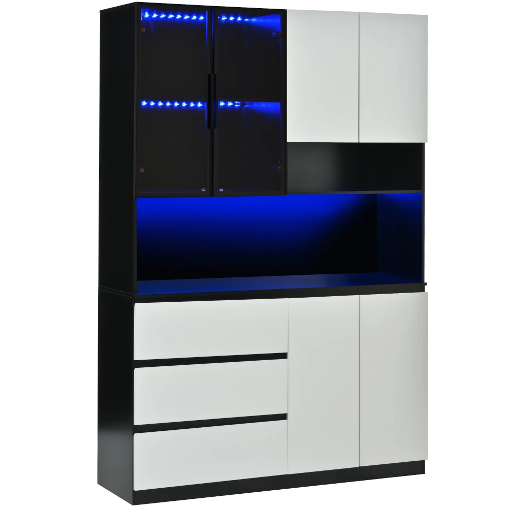 PINGGO LED Küchenbuffetschrank 6 Türen 3 Schubladen Mikrowellenbereich Glasregale B120,5xT40xH180cm – Detail 14