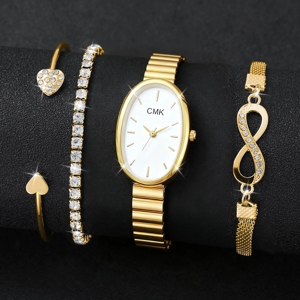 4pcs/set Women's Quartz Watch Gold Luxury Women Bracelet Rhinestone Fashion Wristwatch Casual Ladies Watches Bracelet Set No Box