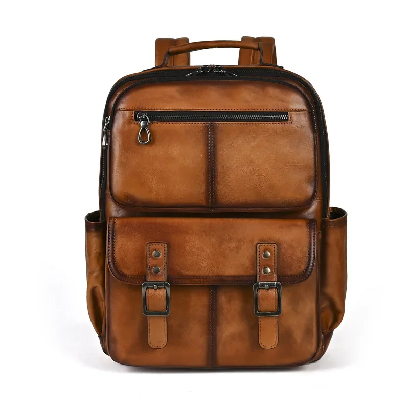 Retro Unisex Genuine Leather Handcrafted Backpack with Vintage Fading Effect