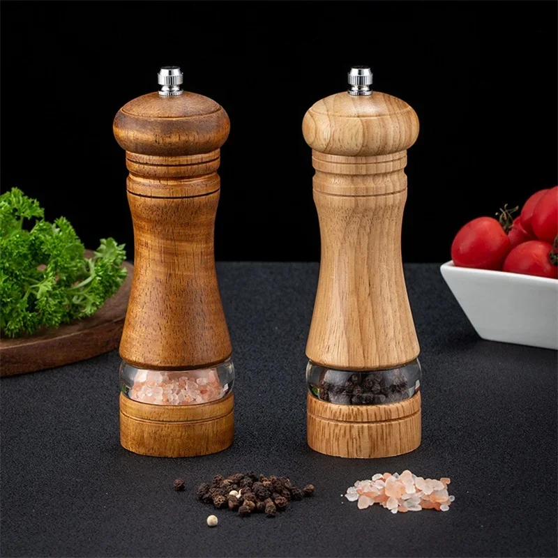 6-inch Manual Pepper Grinder Rubber Wood Acrylic Salt Shakers Adjustable Ceramic Rotor-Refillable Oak Spice Salt Grinding Bottle