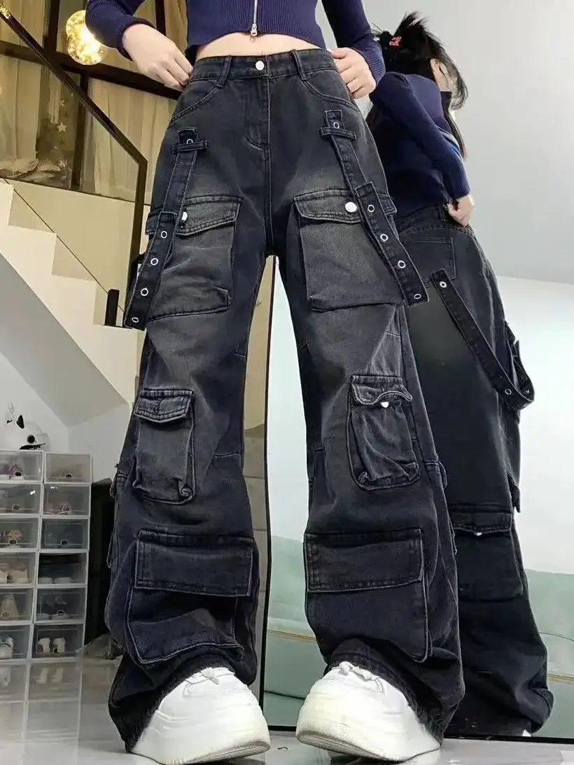 Cargo Pants Strappy Multi Pocket Design American Street Style For Women Dark Gray Spring New Wide Leg Pants Women Loose Y2k Jean