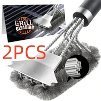 Brosse et grattoir de gril sûrs avec poignée de luxe, brosse de nettoyage de gril, accessoires de brosse de gril à poils en acier inoxydable, 1/2 pièces 1