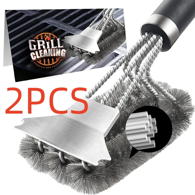 Brosse et grattoir de gril sûrs avec poignée de luxe, brosse de nettoyage de gril, accessoires de brosse de gril à poils en acier inoxydable, 1/2 pièces 1