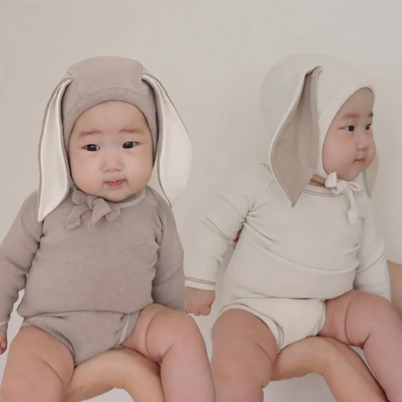

2023 Korean Children's Wear Rabbit Ears Baby Bodysuit Tripe Wrap Fart Coat Baby Autumn Creeper Set little boy clothes