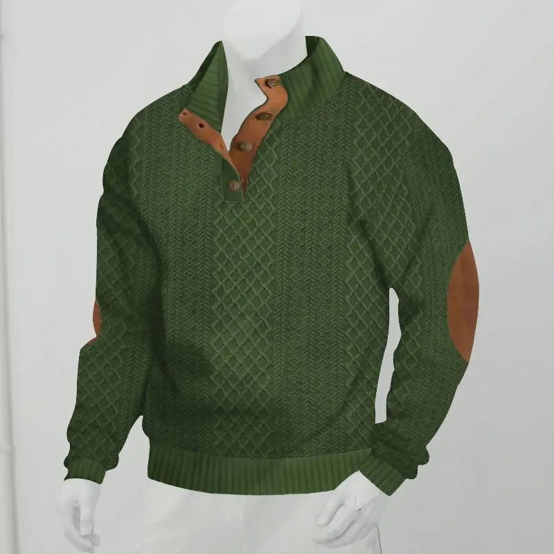 Men's Waffle Knit Quarter Zip Pullover with Contrast Trim and Elbow Patches Casual Long Sleeve Sweater