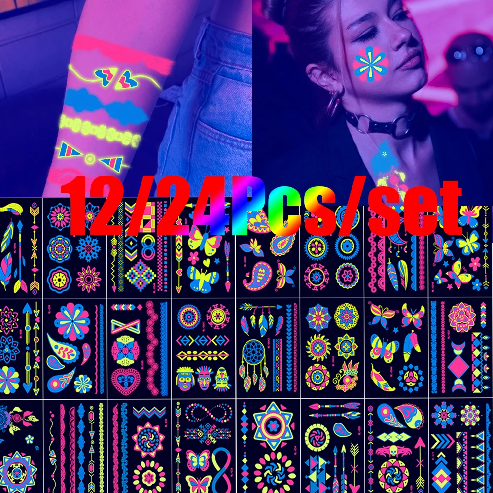 4/8/12/24Pcs Fluorescent Face/Body Tattoos Stickers 15x10cm Mixed Fluorescent Temporary Tattoos Stickers DIY Waterproof Sticker tattoo sticker temporary tattoos