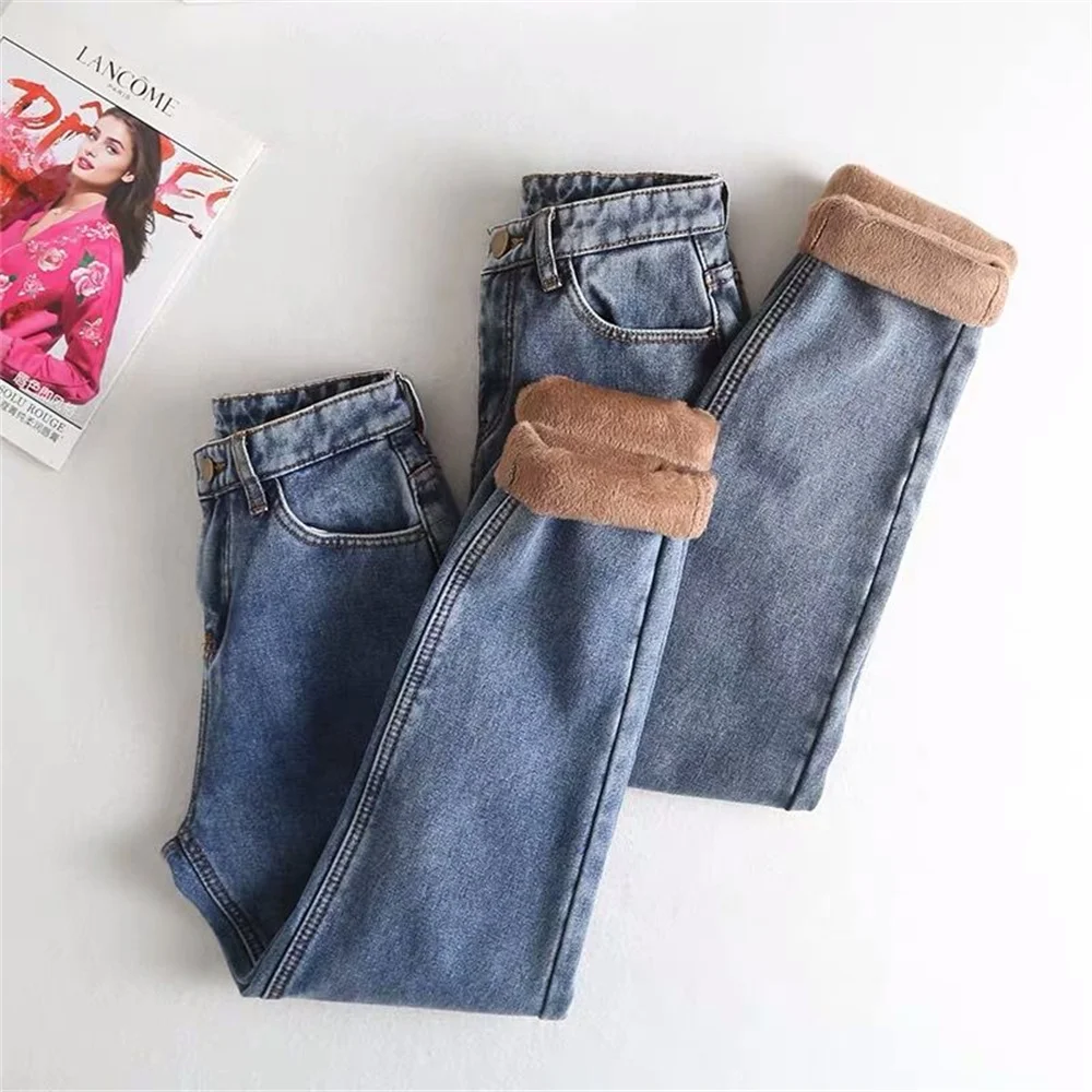 2022 Winter Cashmere Super Warm Jeans Women Mid Waist Snow Wear Thick Plus Velvet Denim Pants Casual Blue Skinny Pencil Vaqueros