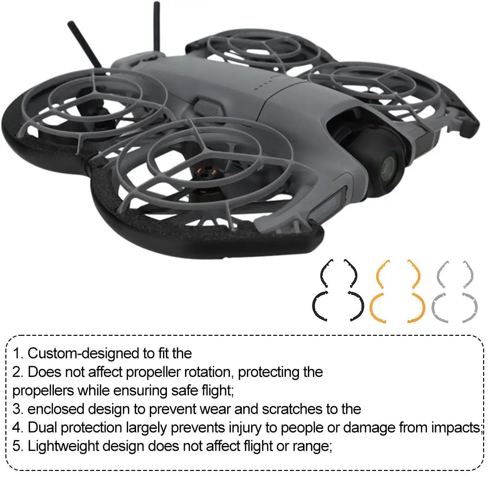 Gros plan sur un protège-hélice DJI NEO2 montrant le plastique résistant et les fixations, idéal contre les rayures.