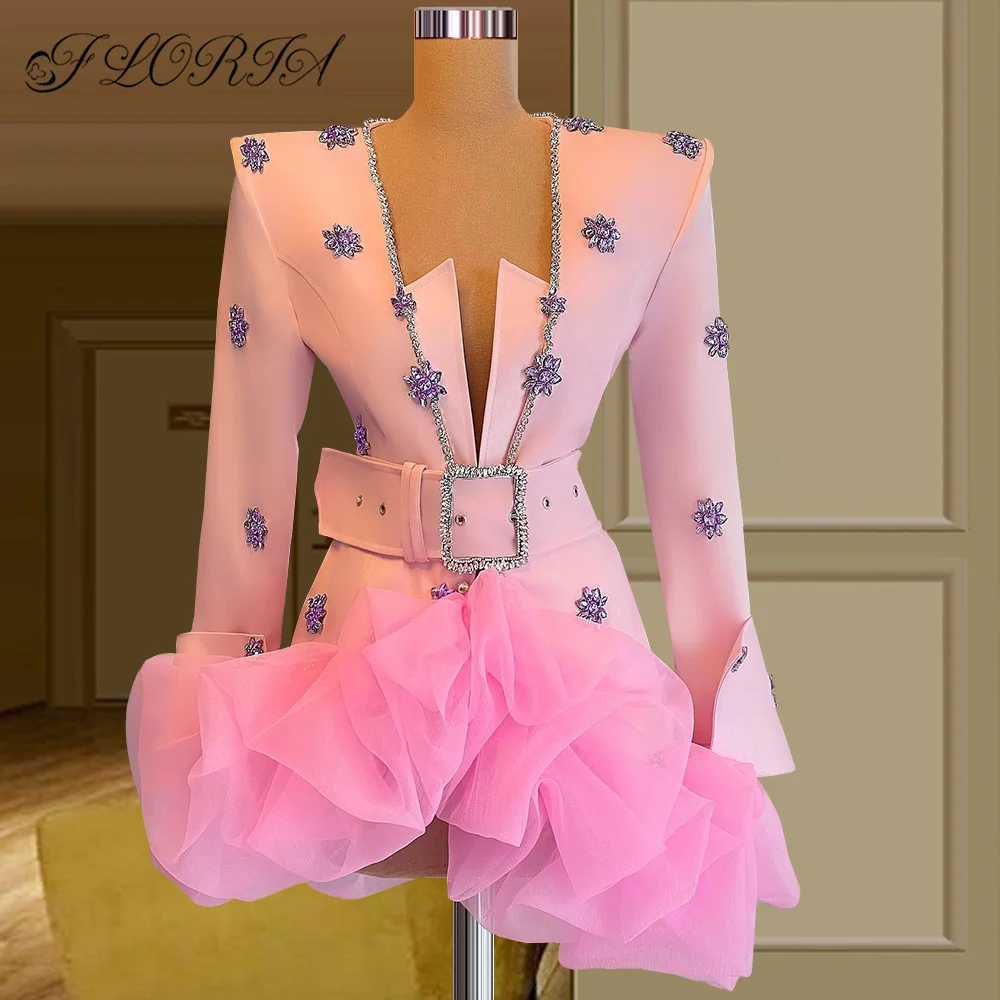 Runway Pink Short Cocktail Dress Fashion Crystal Rhinestone Prom Party Dresses Maniche Lunghe Graduation Homcoming Pretty Robes