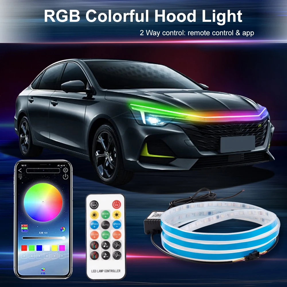 

Разноцветная светильник лента для капота автомобиля, универсальные дневные ходовые огни для автомобиля, крышка двигателя, декоративный налобный фонарь RGB с регулируемой яркостью