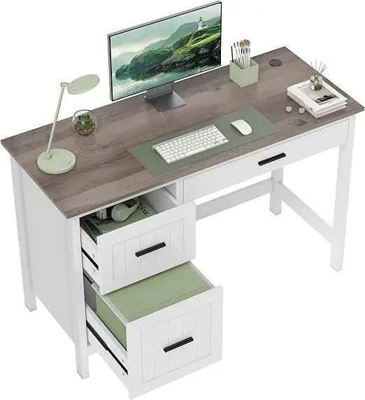 Escritorio rústico Mesa de escritorio de 120 x 50 cm con 3 cajones y encimera con mesa de ordenador efecto madera para estudio, hogar, oficina, blanco