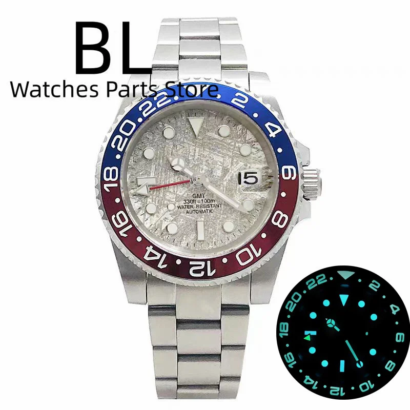 Bliger Meteorolite Dial Gmt Watch For Men 40Mm Nh34 Blue Red Bezel Con Blue Luminous Sapire Glass Oyster/Jubilee Bracciale Data
