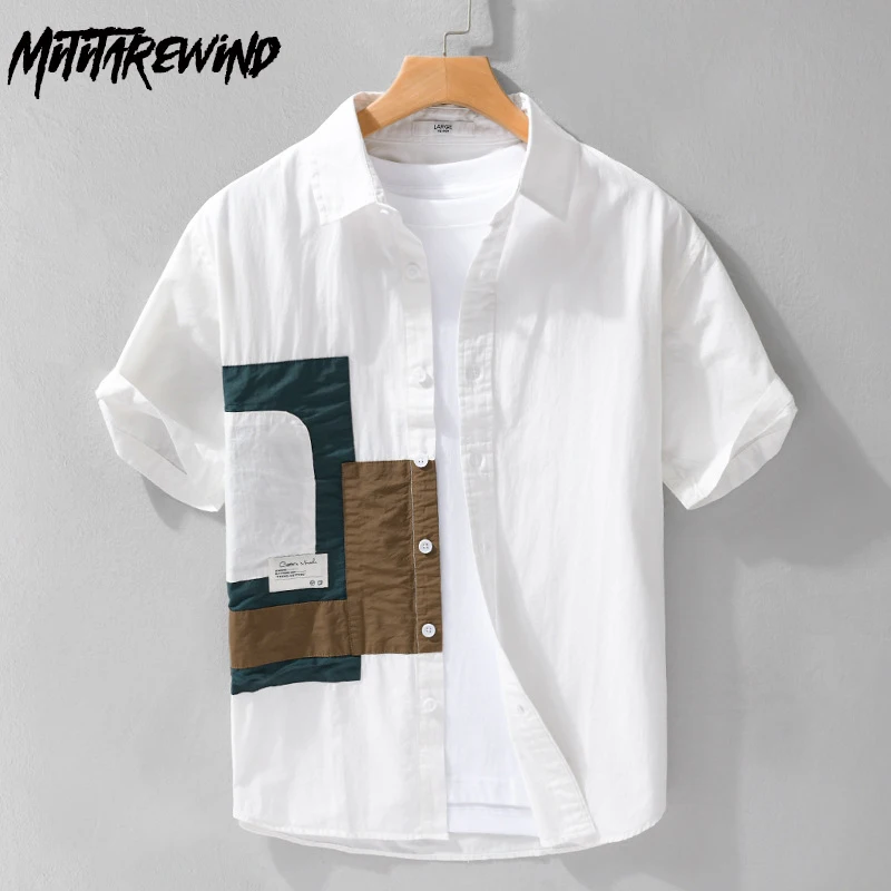 

Fashion Patchwork Shirts for Men Summer Street Causal New in Shirts Lapel Cotton Short Sleeve Shirt Youth Fresh Camisa Hombre