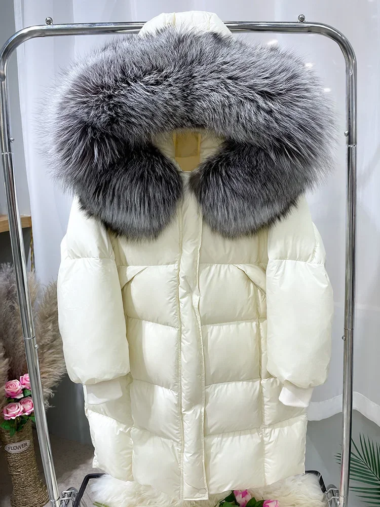 New Winter Women Warm White Goose Down Jacket Real Natural Fox Fur Collar Long Coat Thick Luxury Outerwear Female Streetwear 2023 fashion real natural fox fur collar thick warm goose down coats winter coat for women female outwear luxury puffer jackets