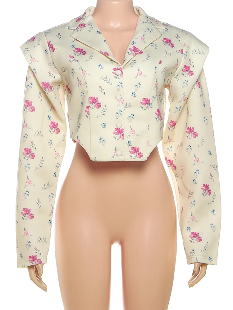 Nibber Floral Print Crop Coat Woman Polo-Neck Single-Breasted Full Sleeve Irregular Hem Sweet Style Street Casual Hipster Tops