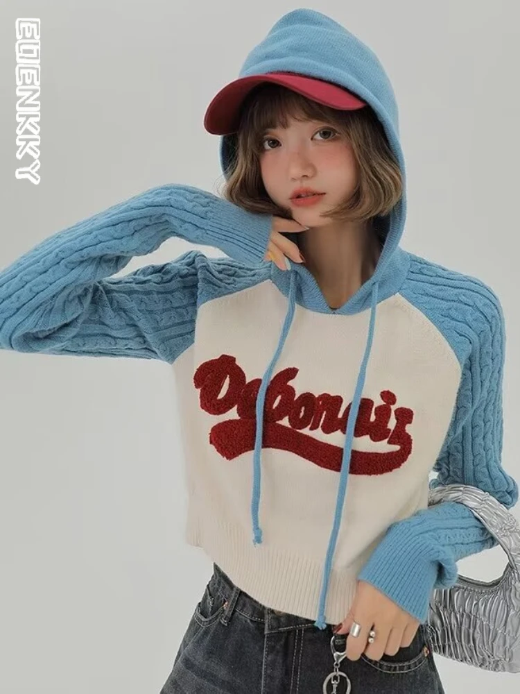 

Y2k винтажные вязаные свитера, Женский пуловер с капюшоном, женские осенние корейские пуловеры с вышивкой в виде цветных блоков, новинка