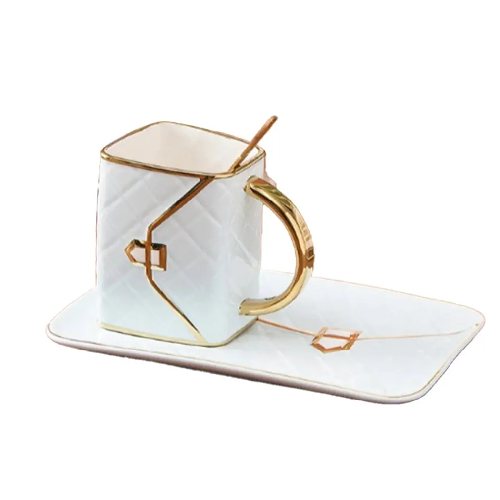 High-value Depiction Of Gold Coffee Cups And Saucers Set Creative Bag Shape Snacks Ceramic Business Gifts Activities Household coffee table shape adjustable high gloss white