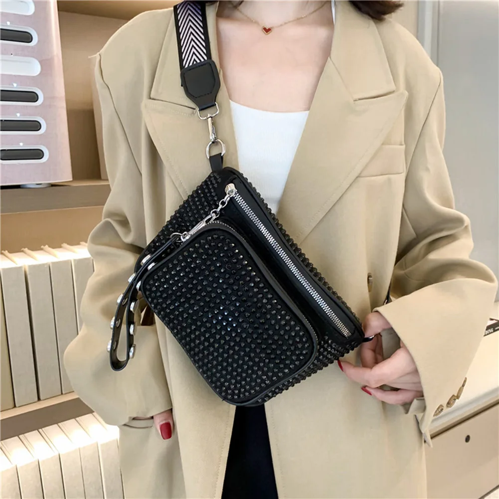 Fashion Hip Bum Bag PU Woolen Weaving Ladies Crossbody Bags Chains Shoulder  Bag Wide Strap for Travel Work for Daily Life