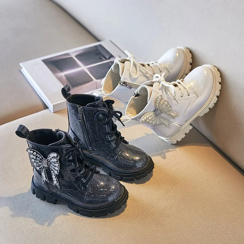 Botines 소녀 부츠, 나비 공주 신발, 반짝이 반짝이 발목 부츠, 부드러운 밑창, 미끄럼 방지 어린이 신발, 가을, 겨울, 신상 패션