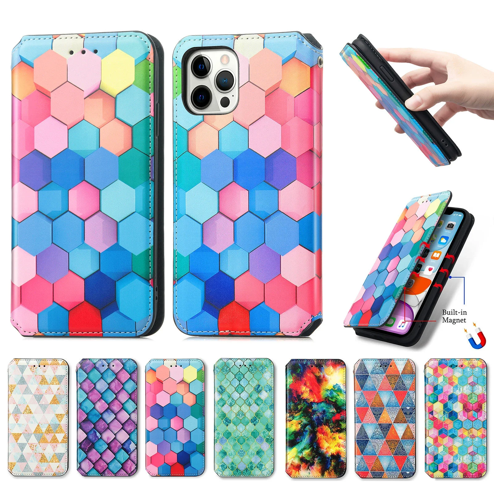 

Leather Wallet Flip Phone Case For iPhone 12 14 15 Pro Max Mini 11 13 Xs XR 7 8 Plus Card Stand Colorful Painted Magnetic Cover