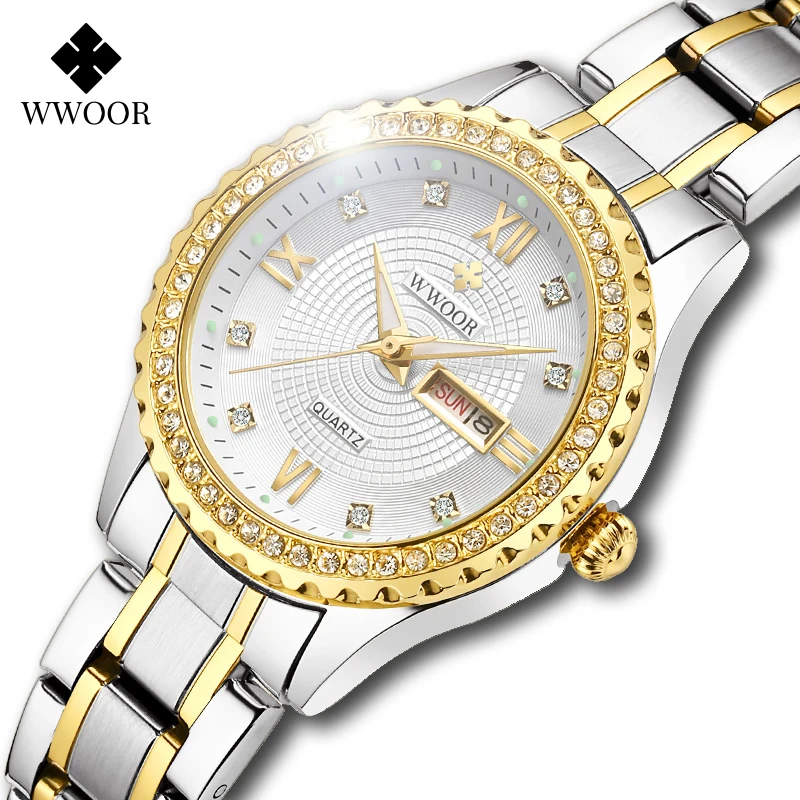 

Роскошные женские часы от лучшего бренда Montre Femme 2023 WWOOR со стразами, женские наручные часы, золотые полностью Стальные кварцевые часы-браслет для женщин, женские часы