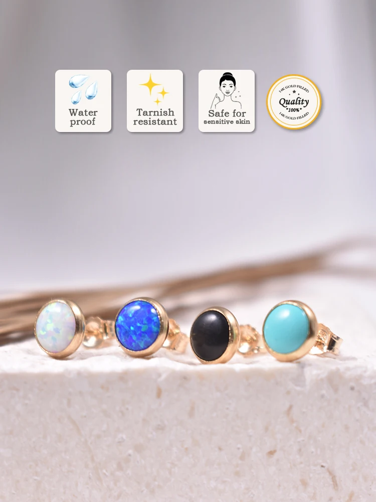 14K Gold gefüllt 6mm runde synthetische Lünette Post Ohrring Gold Schmuck Boho Frauen Ohrringe hypoallergen Schmuck Zubehör – Detail 7