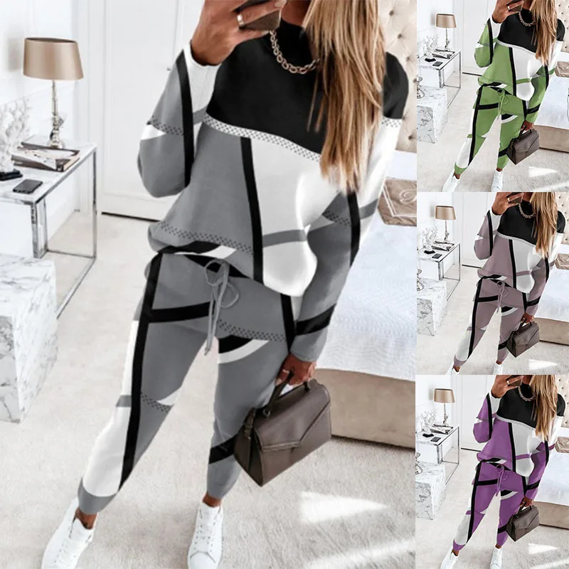 3XL Womens Tracksuit Casual Sweatshirts Autumn Patchwork Pants 2 Pieces Set Long Sleeve Pullover Drawstring Pant Sportswear Pink