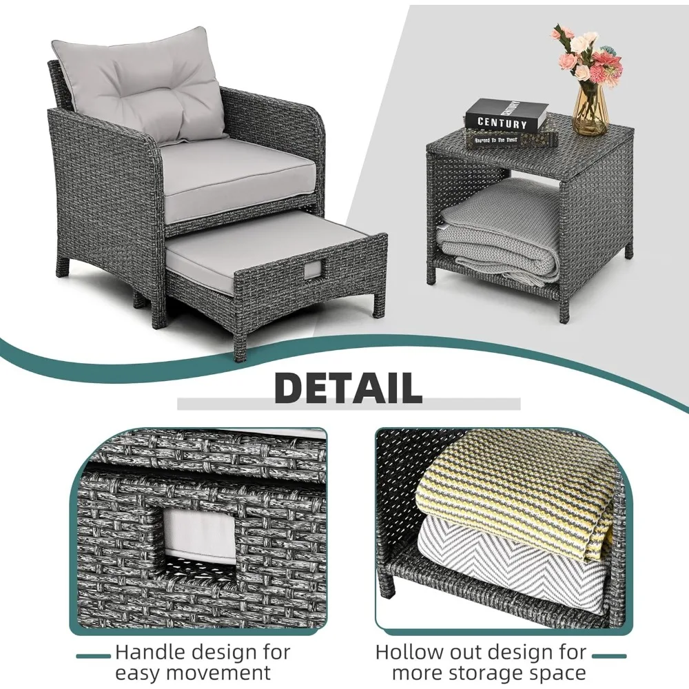 5 Pieces Outdoor Patio Wicker Chairs Set with Ottoman Outside Conversation Furniture Set with Cushions and Coffee 5