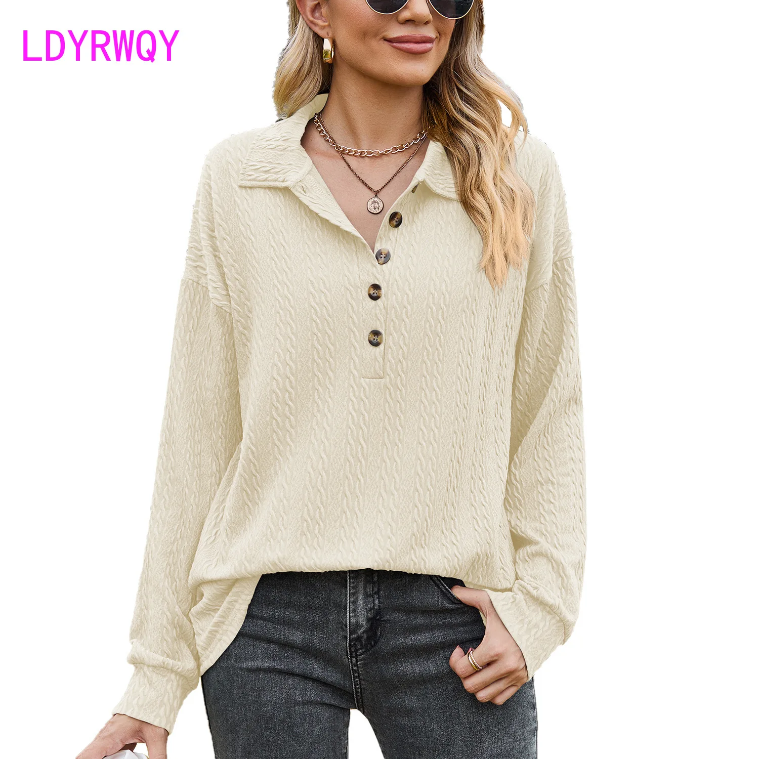 Autumn and Winter New Solid Polo Button Loose Long Sleeve Sweater Coat for Women