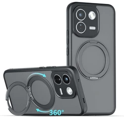 Frosted Matte Transparent Shockproof Phone Case with Magnetic 360° Rotating Bracket for Redmi Note 17 Pro 5G (Clear Black Holder)