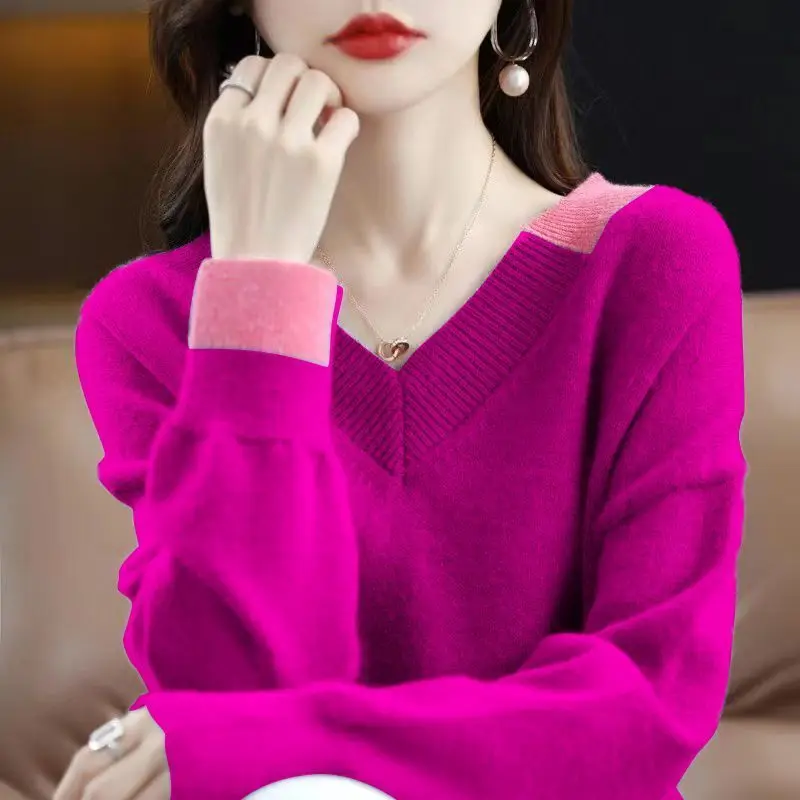 

2023 Autumn and Winter Women's Pullover V-neck Patchwork Knitted Solid Color Fashion Casual Elegant Commuter Long Sleeve Sweater
