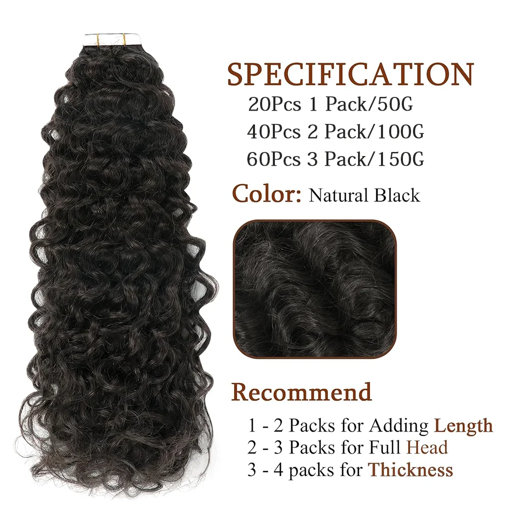 Deep Wave Tape In Human Hair Extensions Natural Black Color 1B Adhesive Skin Weft Curly Real Human Hair Seamless 16-26 Inch