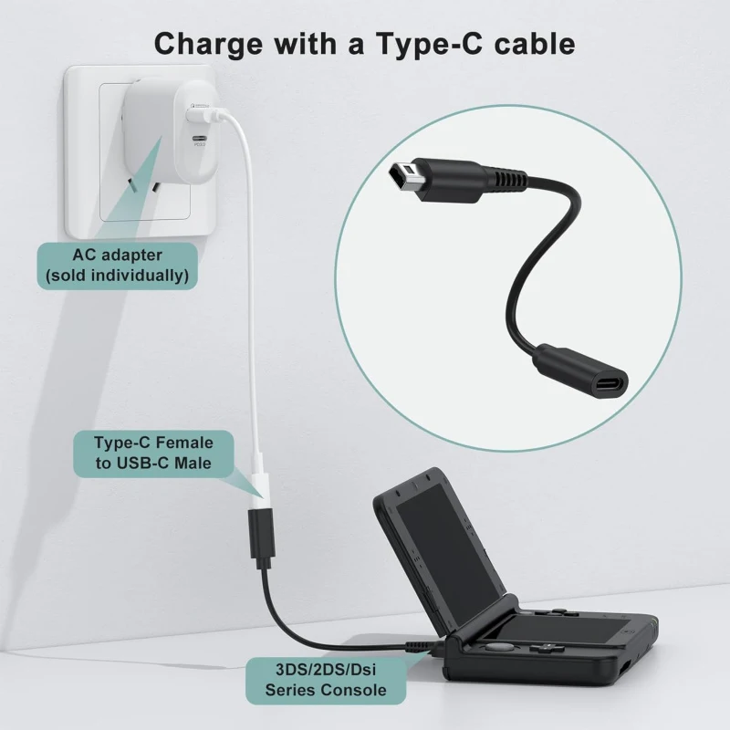 1Pc USB-C 입력 충전 변환기, 휴대용 Type-C-3DS 전원 케이블, Nintendo 2DS XL/LL, 새로운 2dsxl/2dsll, NDSI Handhe에 적합