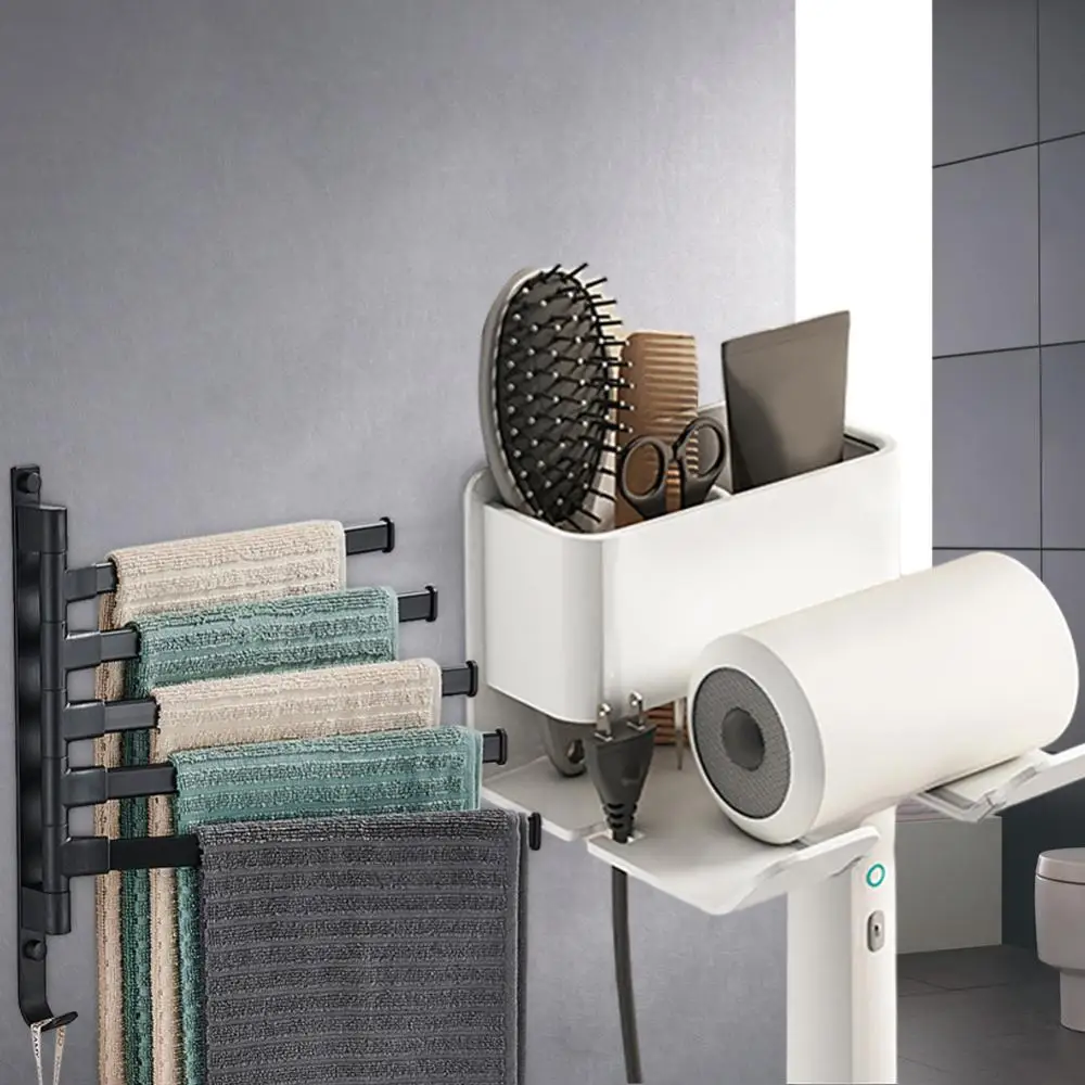 

Multi-functional Design Wall Mount Bracket Smooth Convenient Bathroom Hair Dryer Rack With Towel Bar Hair Dryer Rack Save Space