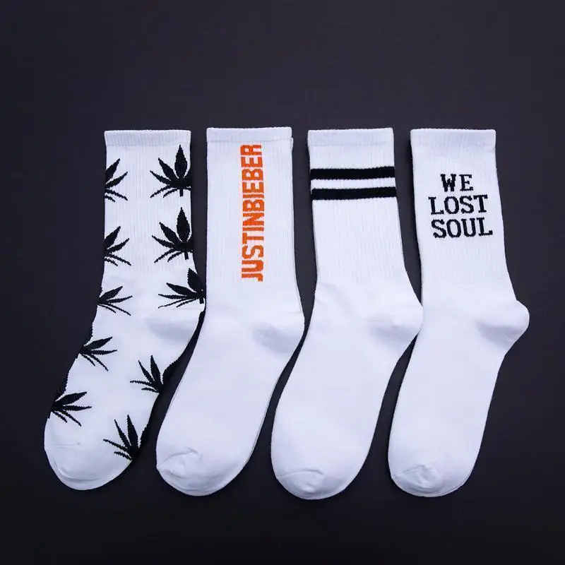 

High Quality Hip Hop Fashion Cotton Men's and Women's Long Basketball Sports Socks White With Print Deodorant Football Socks