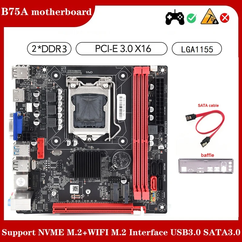

1Set B75A (B75) Motherboard+SATA Cable+Baffle LGA1155 2XDDR3 RAM Slot NVME M.2+WIFI M.2 Interface Black SATA3.0 Motherboard
