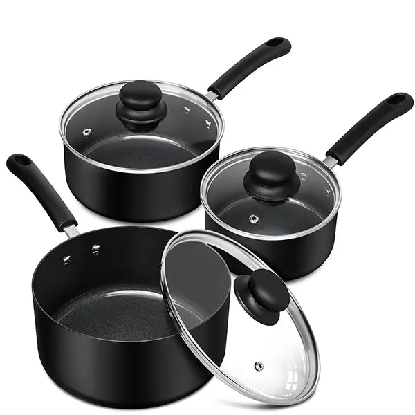 3個セット ブラック キッチン調理鍋セット 1QT & 2QT & 3QT ノンスティック ソースパン スープ ミルクポット 調理器具セット 強化ガラス蓋付き