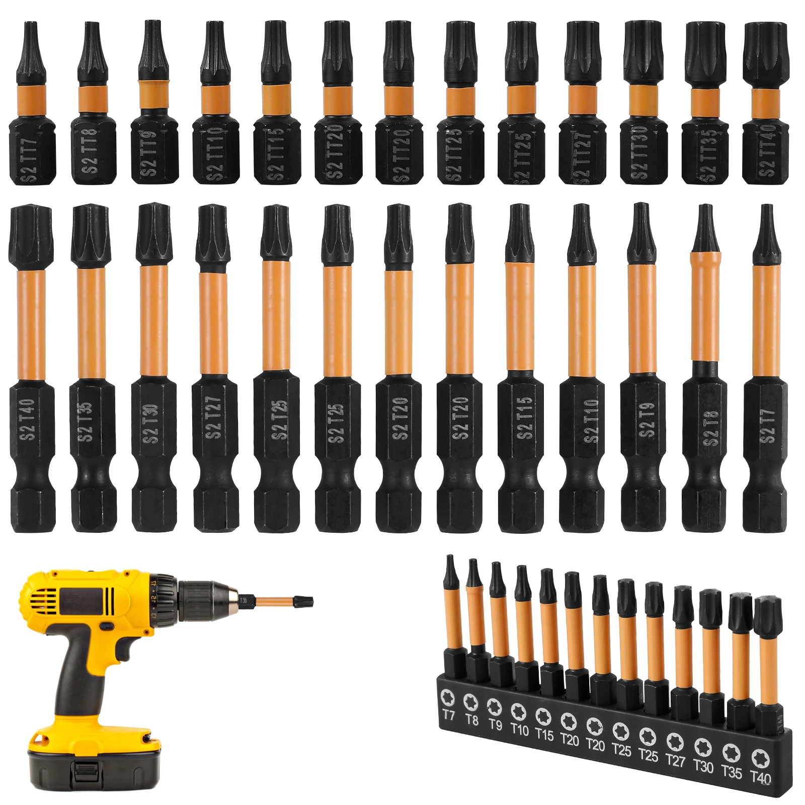 

26Pcs Torx Bit Set S2 Alloy Steel 1/4inch Hex Shank Star Bit Kit Sturdy Torx Bit Combination Kit 1inch 2inch Long T7-T40 for