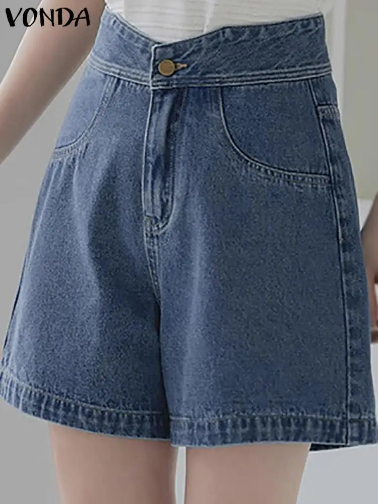 

2023 Summer High Waist Denim Pants VONDA Women Shorts Elegant Bottoms Pockets Casual Solid Color Shorts Loose Streetwear Pants