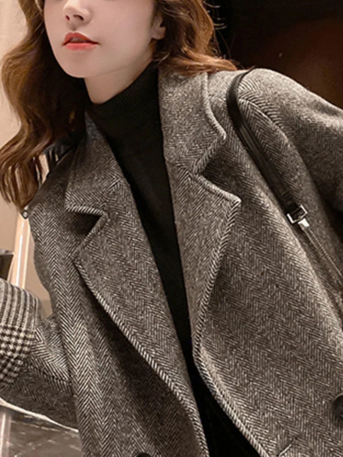 Retro Woolen Jaet Cotton Thiened Medium Length Double Row Button Sli Autumn Winter Faion Ladies' Coat