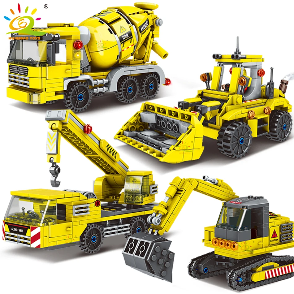 Huiqibao Urban Construction Engineering Truck Building Blocks Moc City Crane Bulldozer Car Bricks Set Bambini Per Giocattoli Regalo Ragazzo