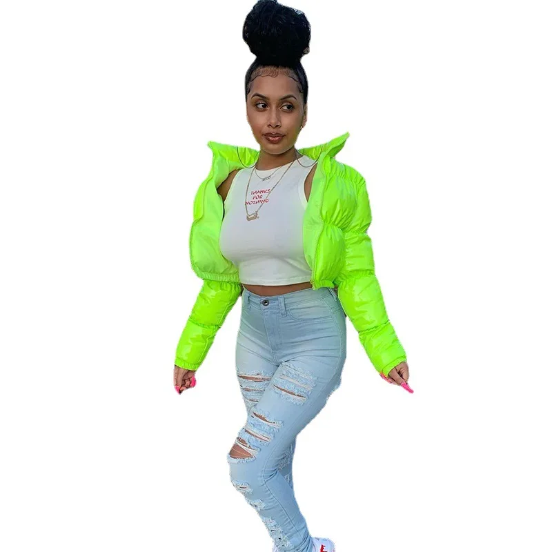 Winter Y2K Stand Collar Zipper Long Sleeve Bright Pu Thick Cardigan Coat Women Snow Warm Skinny Casual Streetwear Fall