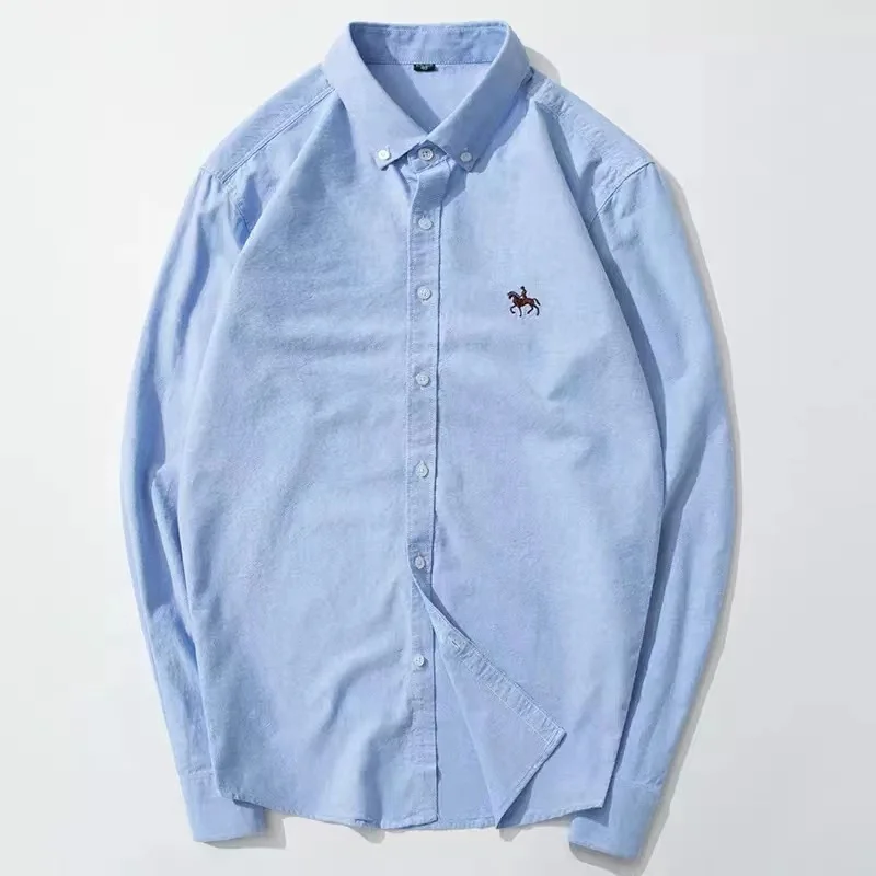 Men's Long Sleeve Oxford Cotton Shirt - Embroidered Horse Design, Solid Yellow, Plus Size S-6XL