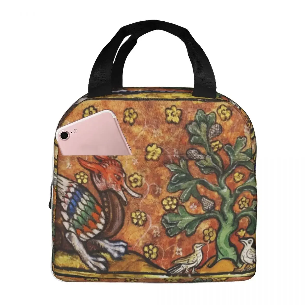 

Medieval Bestiary,Red Dragon Tree Life And Birds Insulated Lunch Bag Picnic Bags Cooler Lunch Box for Woman Work Children School