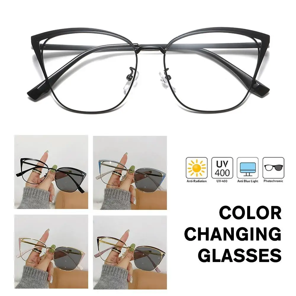 

Cat Eye Anti Blue Light Photochromic Glasses Women Eyeglasses Metal Vintage Frame Triangle Color Eye Protection Change Y9B9