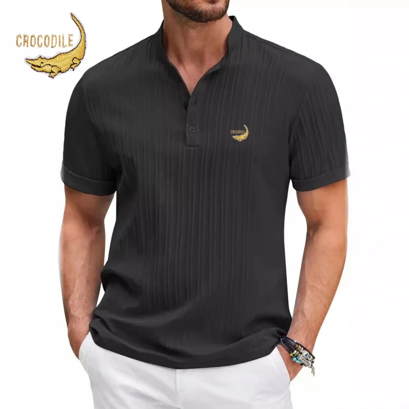 New High-end Embroidered Cotton and Linen Striped Henry Shirt for Men's Summer Casual Fashion Comfortable Breathable T-shirt Top 8 Sdf2dd2b716ac4dc49d54bc0aff87a5f9J